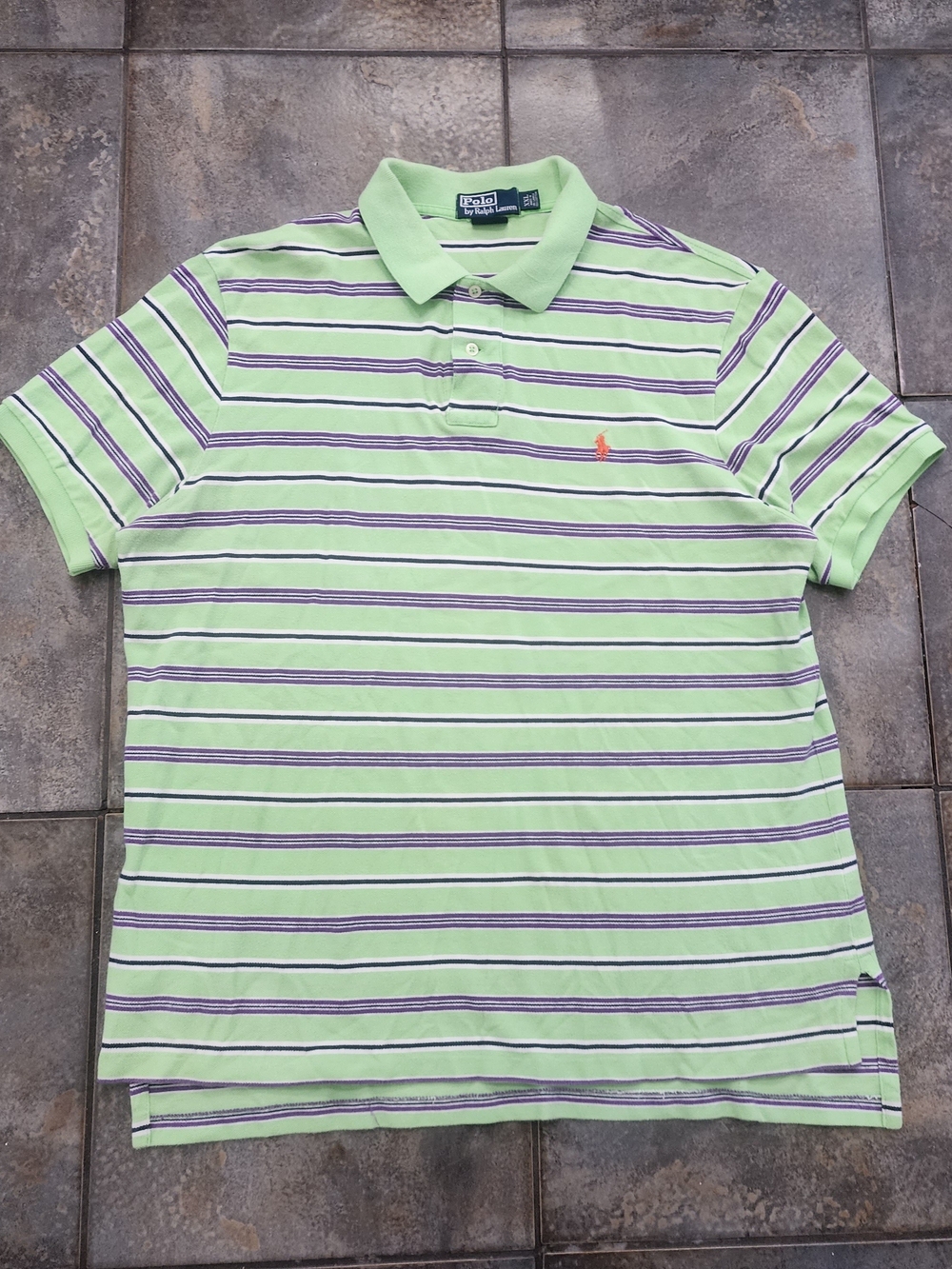 Vintage Y2K Polo Ralph Lauren Men's 2XL Green Striped Custom Fit Polo Shirt